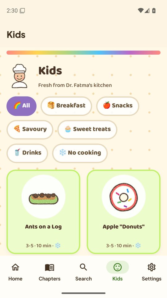 Kids mode with illustrated recipe cards
