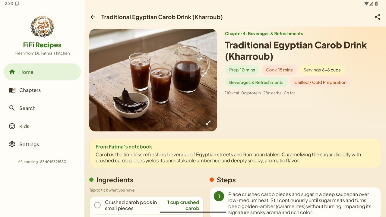Two-column recipe layout on a 10-inch tablet